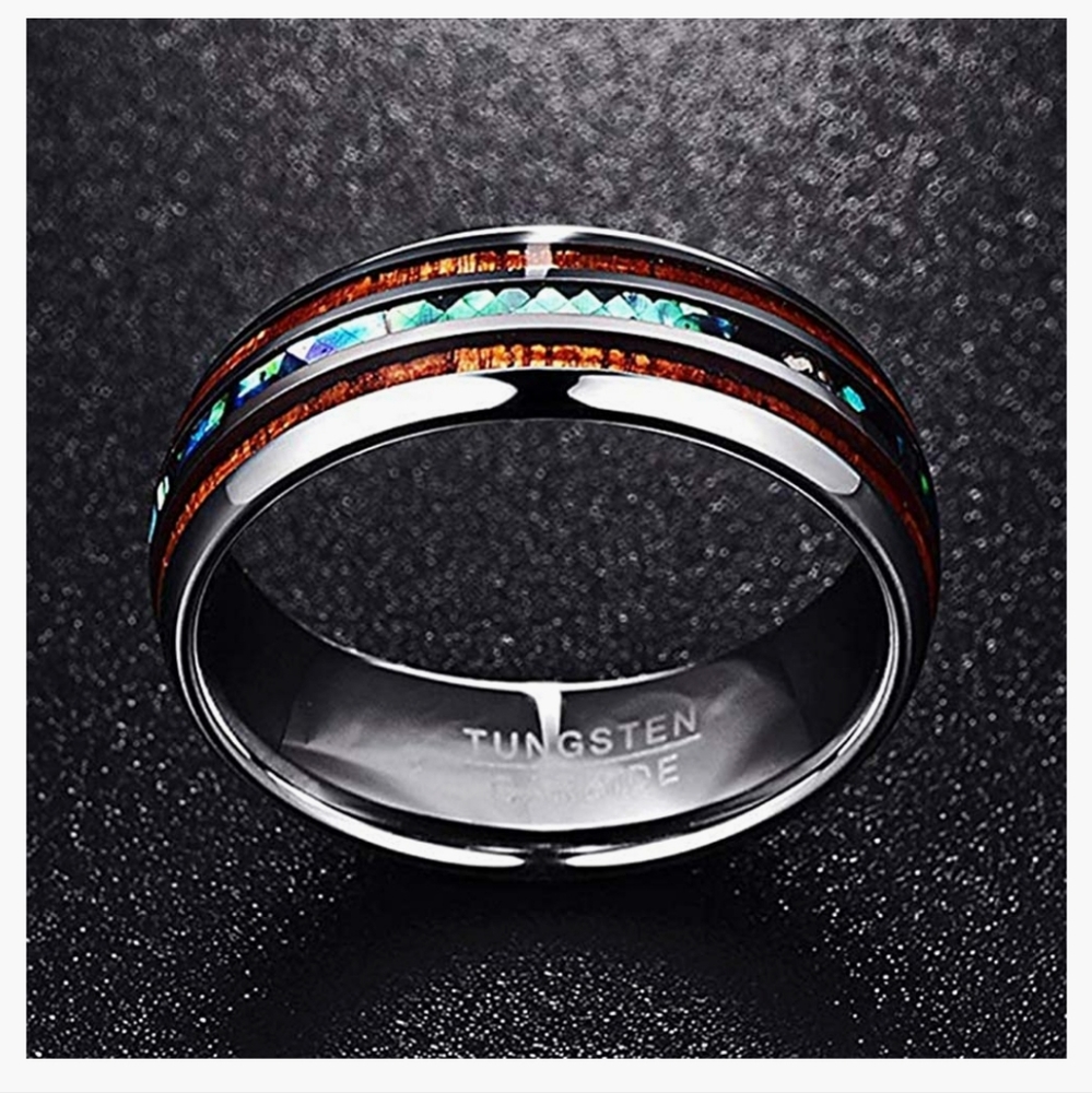 Elegant Tungsten Ring With Wood And Opal Size 6